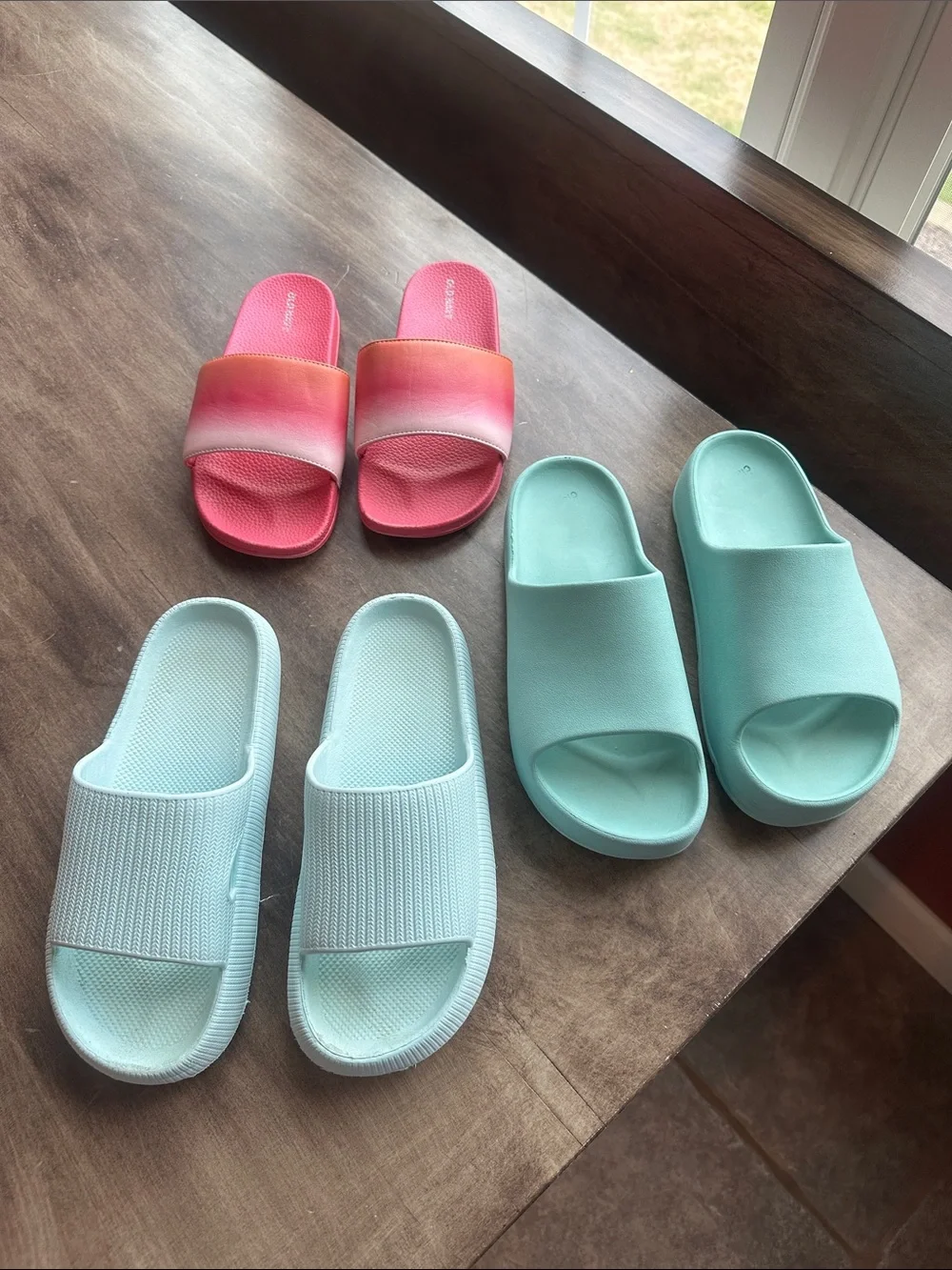 3 Girls Pair Slide Sandals Lot - Coral Ombre + Mint + Light Aqua